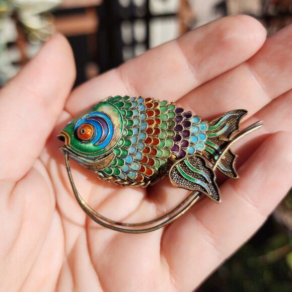 Vtg Old Chinese Export Fish Figurine Sterling Silver Gilt Cloisonne Articulated - Picture 12 of 16